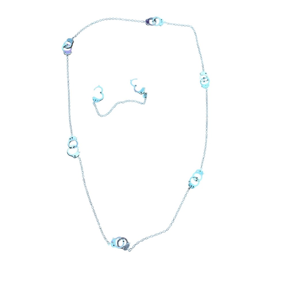 Claire's Silver Tone Handcuff Station Necklace‎ and Bracelet Set Novelty Y2K